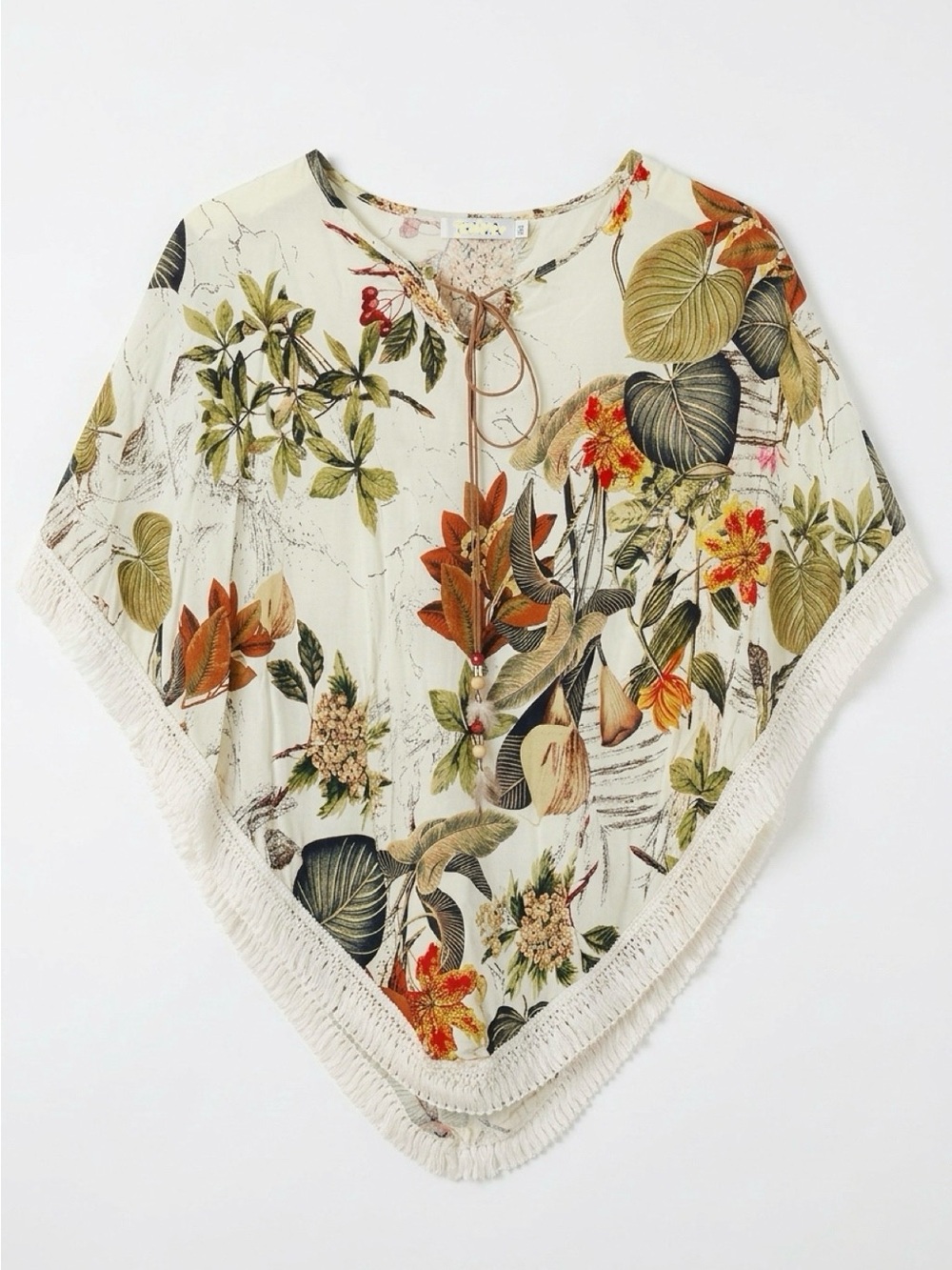 Floral Poncho Top - Cream with Green & Orange Botanical Print Size L/XL